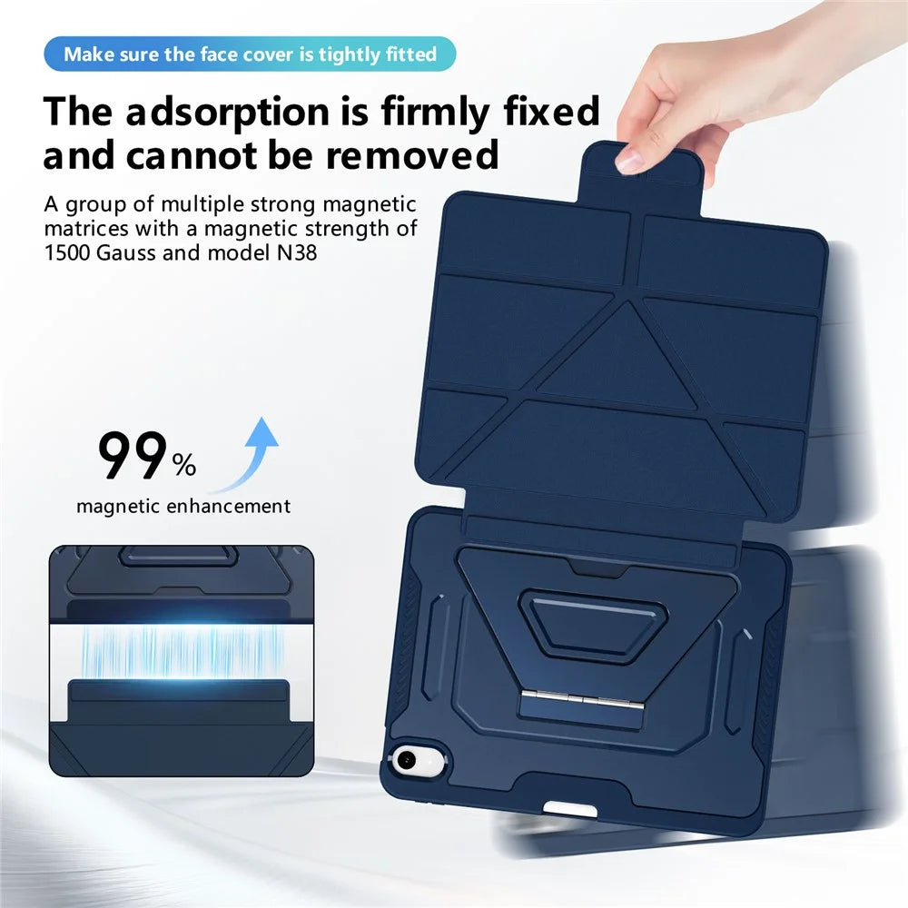 For iPad (2025)  /  10.9 (2022) Case Aluminum Alloy Kickstand Tri Fold Stand Detachable Leather TPU PC Tablet Cover - Navy Blue - 5