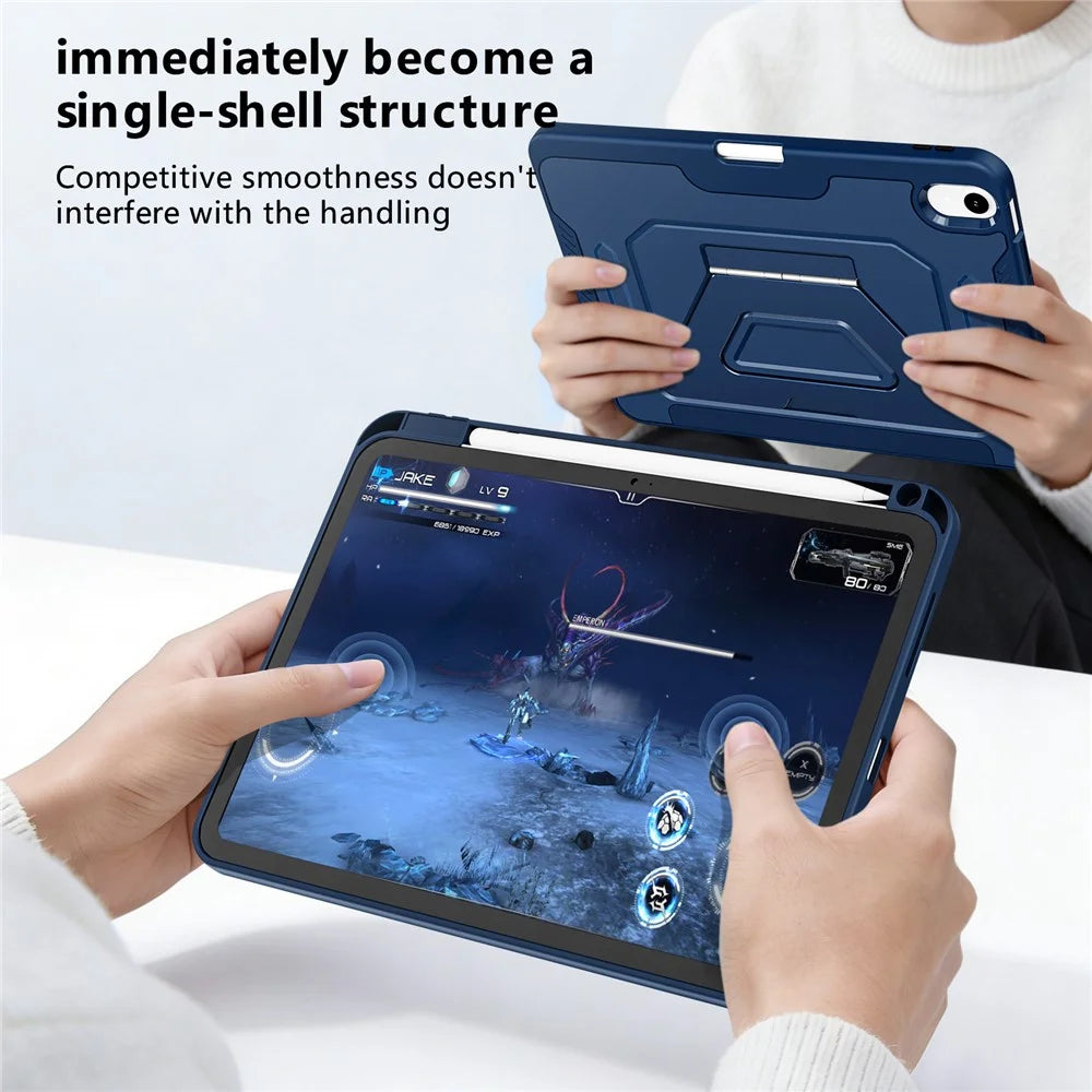 For iPad (2025)  /  10.9 (2022) Case Aluminum Alloy Kickstand Tri Fold Stand Detachable Leather TPU PC Tablet Cover - Navy Blue - 6