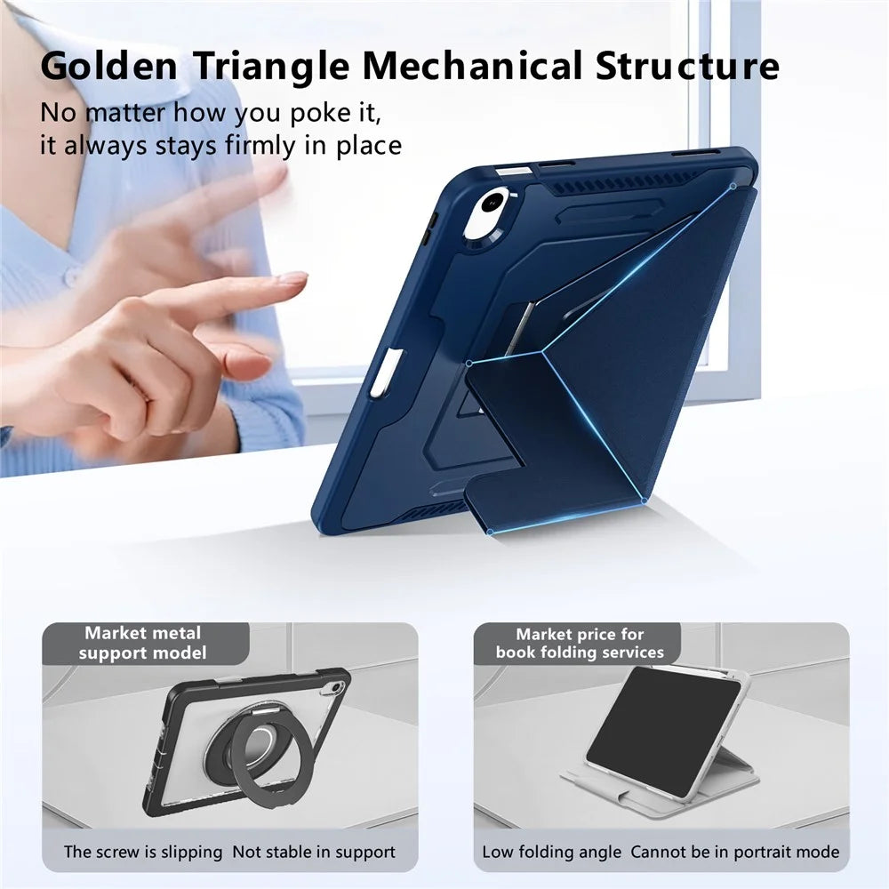 For iPad (2025)  /  10.9 (2022) Case Aluminum Alloy Kickstand Tri Fold Stand Detachable Leather TPU PC Tablet Cover - Navy Blue - 7