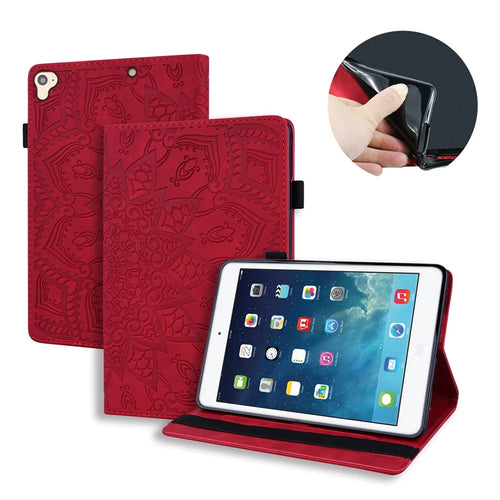 Tablet Case For iPad 10.2 (2021)  /  10.2 (2020)  /  10.2 (2019)   /  9.7-inch (2018)  /  9.7-inch (2017) Imprinting Calf Leather Flower Pattern Stand Cover Shell with Pen Holder Strap - Red - 1