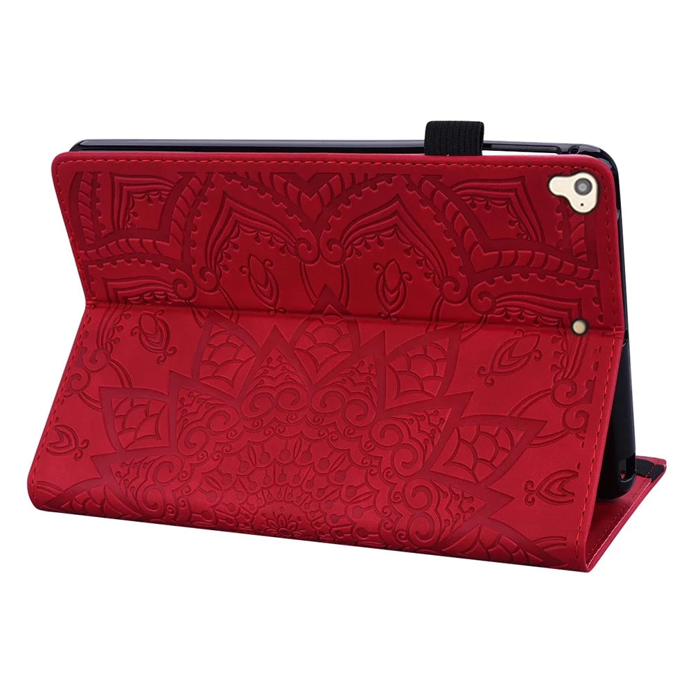 Tablet Case For iPad 10.2 (2021)  /  10.2 (2020)  /  10.2 (2019)   /  9.7-inch (2018)  /  9.7-inch (2017) Imprinting Calf Leather Flower Pattern Stand Cover Shell with Pen Holder Strap - Red - 3