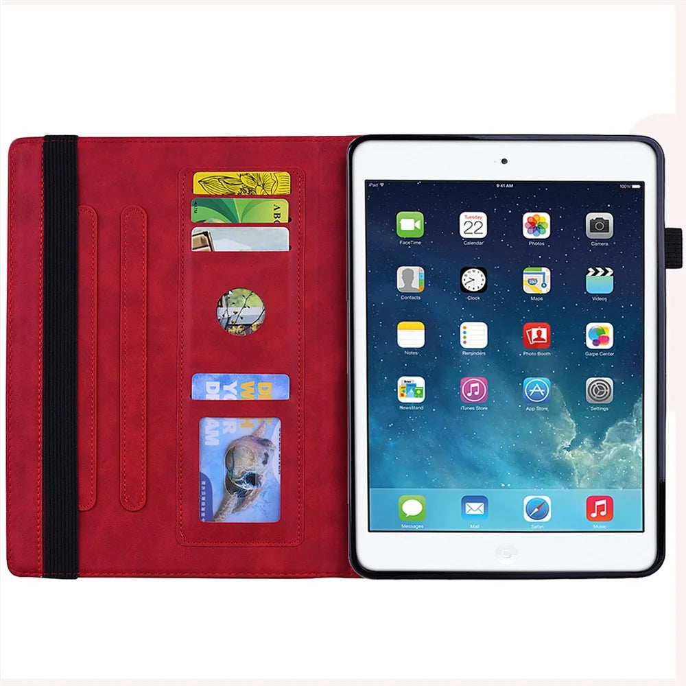 Tablet Case For iPad 10.2 (2021)  /  10.2 (2020)  /  10.2 (2019)   /  9.7-inch (2018)  /  9.7-inch (2017) Imprinting Calf Leather Flower Pattern Stand Cover Shell with Pen Holder Strap - Red - 4