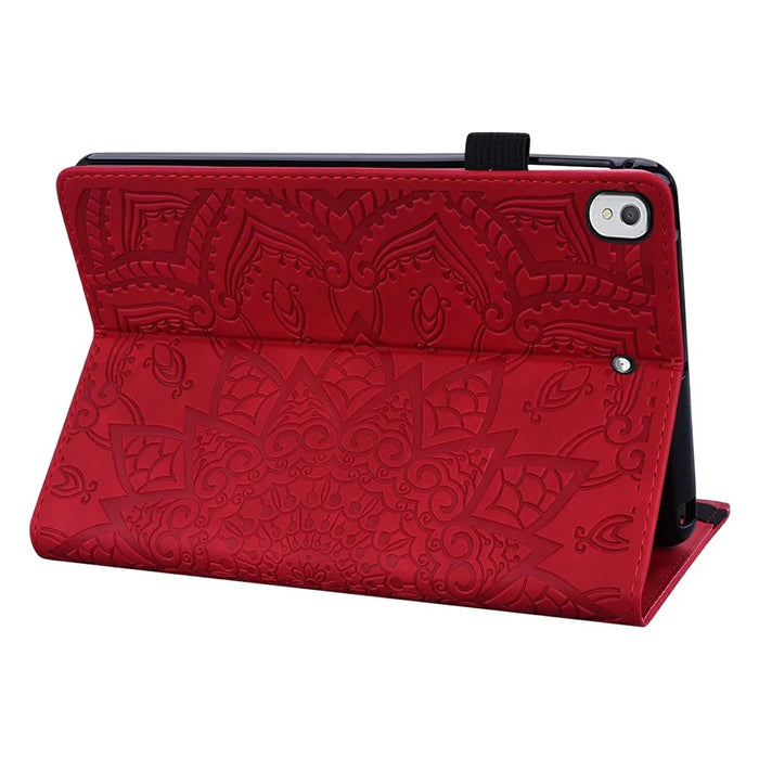 Tablet Case For iPad 10.2 (2020)  /  10.2 (2019)  /  Air 10.5 inch (2019) Imprinting Calf Leather Flower Pattern Stand Cover Shell with Pen Holder Strap - Red - 4