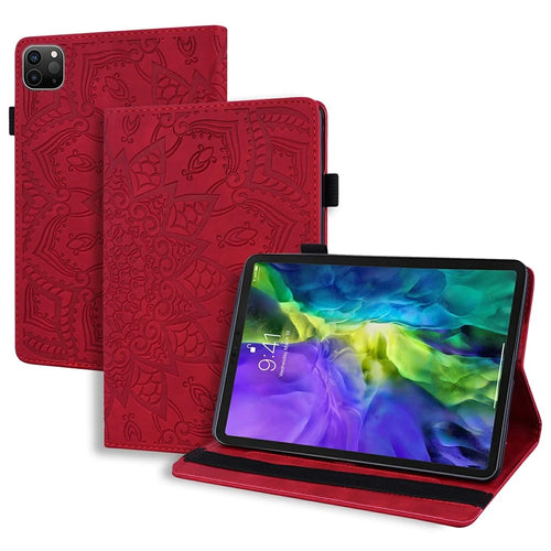 Tablet Case For iPad Air 11 (2026) / (2025) / (2024) / Air (2022) / (2020) / Pro 11 (2021) / (2020) / (2018) Imprinting Calf Leather Flower Pattern Stand Cover Shell with Pen Holder Strap - Red - 1
