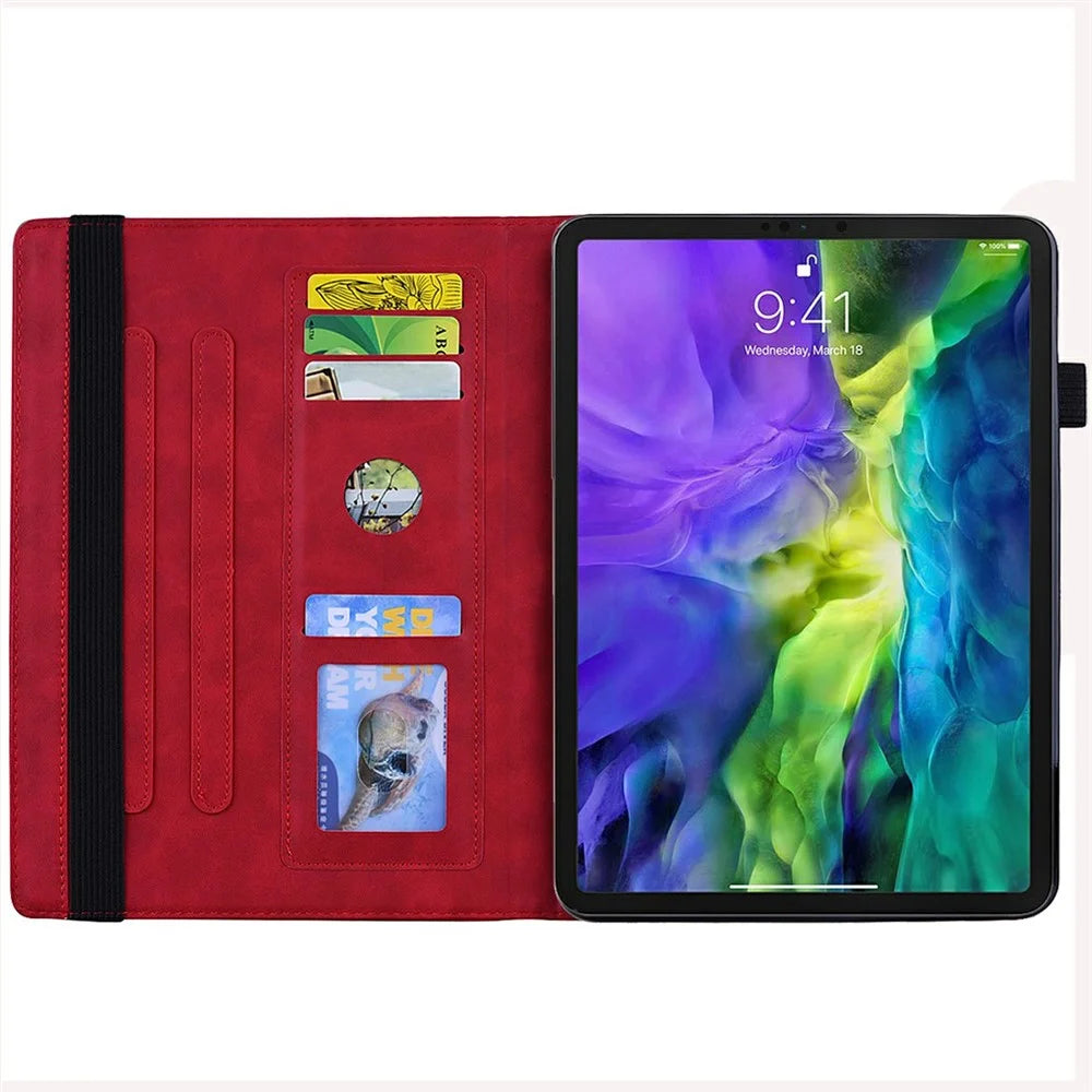 Tablet Case For iPad Air 11 (2026) / (2025) / (2024) / Air (2022) / (2020) / Pro 11 (2021) / (2020) / (2018) Imprinting Calf Leather Flower Pattern Stand Cover Shell with Pen Holder Strap - Red - 2