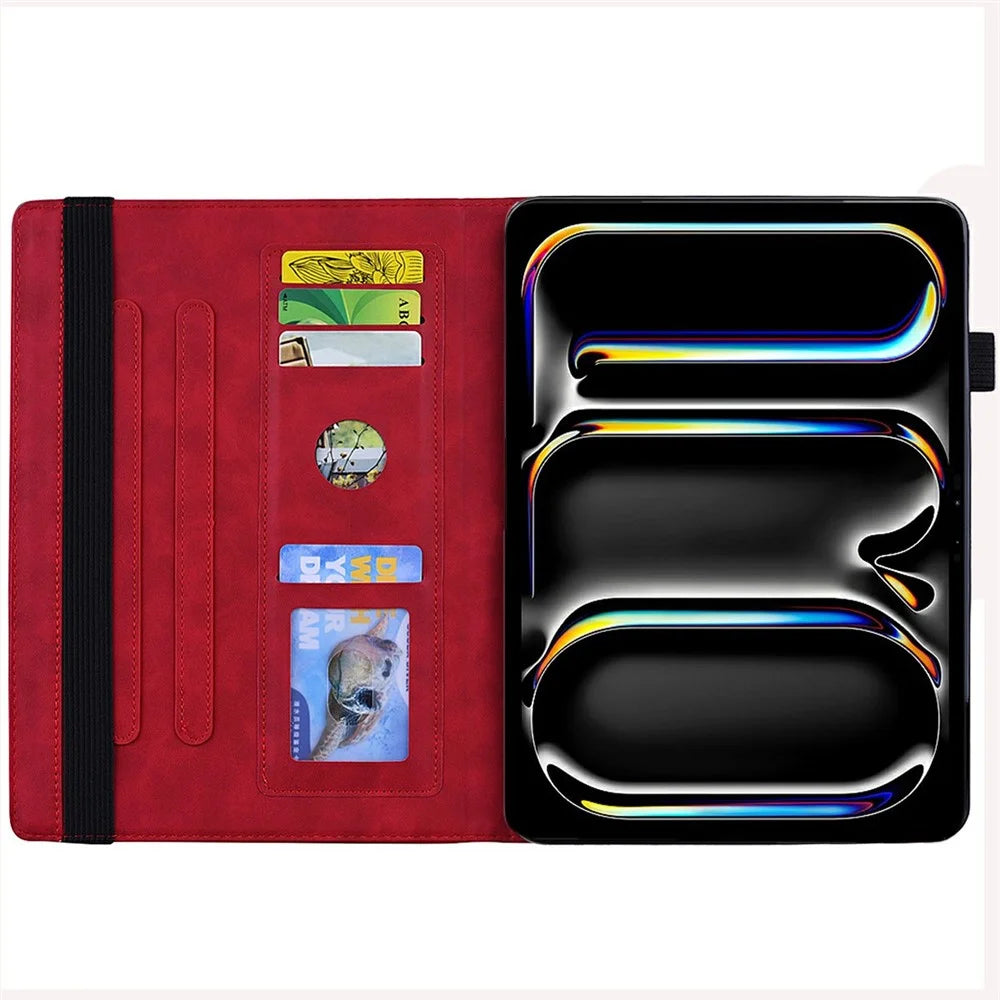 Tablet Case For iPad Pro 13 (2025)  /  (2024) Imprinting Calf Leather Flower Pattern Stand Cover Shell with Pen Holder Strap - Red - 2