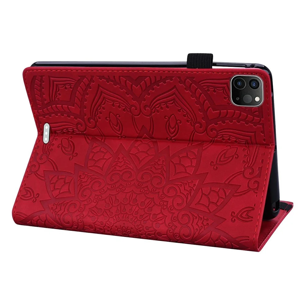 Tablet Case For iPad Pro 13 (2025)  /  (2024) Imprinting Calf Leather Flower Pattern Stand Cover Shell with Pen Holder Strap - Red - 4