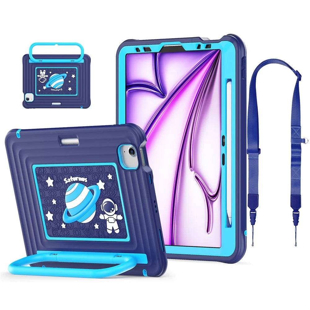 Kids Cartoon Tablet Case for iPad Air 11 (2026) / (2025) / (2024) / Air (2022) / (2020) / Pro 11 (2022) / (2021) / (2020) / (2018) Silicone PC Cover with Kickstand / Shoulder Strap - Navy Blue - 1