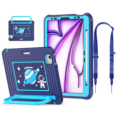 Kids Cartoon Tablet Case for iPad Air 11 (2026) / (2025) / (2024) / Air (2022) / (2020) / Pro 11 (2022) / (2021) / (2020) / (2018) Silicone PC Cover with Kickstand / Shoulder Strap - Navy Blue - 1