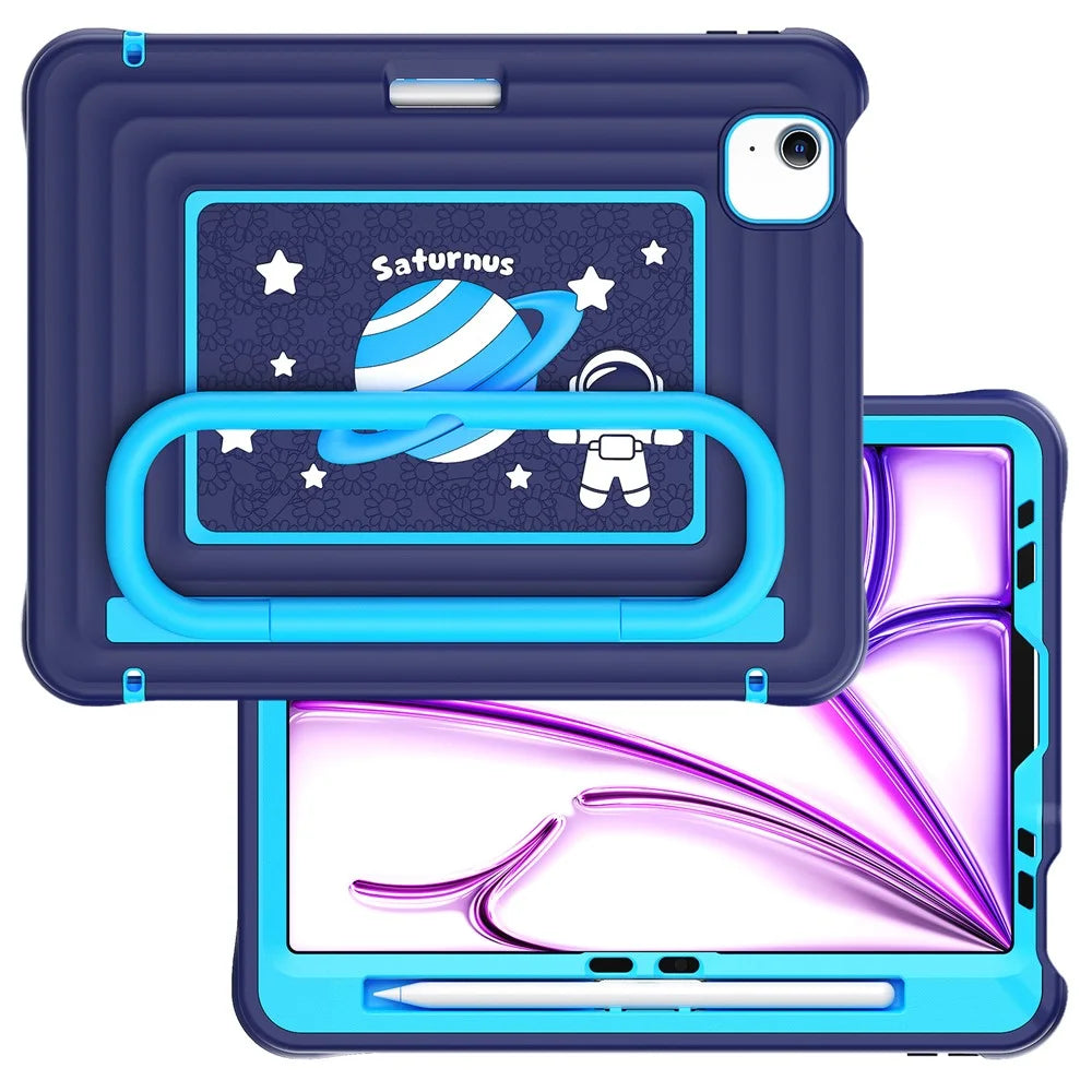 Kids Cartoon Tablet Case for iPad Air 11 (2026) / (2025) / (2024) / Air (2022) / (2020) / Pro 11 (2022) / (2021) / (2020) / (2018) Silicone PC Cover with Kickstand / Shoulder Strap - Navy Blue - 2