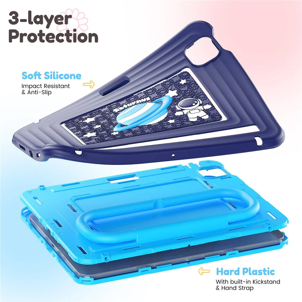 Kids Cartoon Tablet Case for iPad Air 11 (2026) / (2025) / (2024) / Air (2022) / (2020) / Pro 11 (2022) / (2021) / (2020) / (2018) Silicone PC Cover with Kickstand / Shoulder Strap - Navy Blue - 6