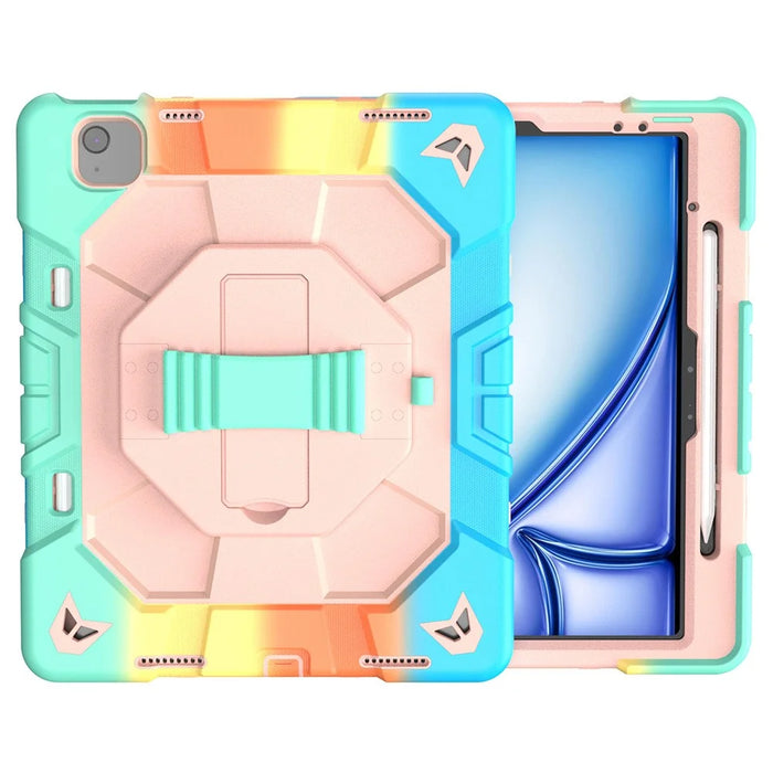 For iPad Air 13 (2026)  /  (2025)  /  (2024) Case with Kickstand Wrist Strap PC + Silicone Tablet Cover - Rainbow+Pink - 1