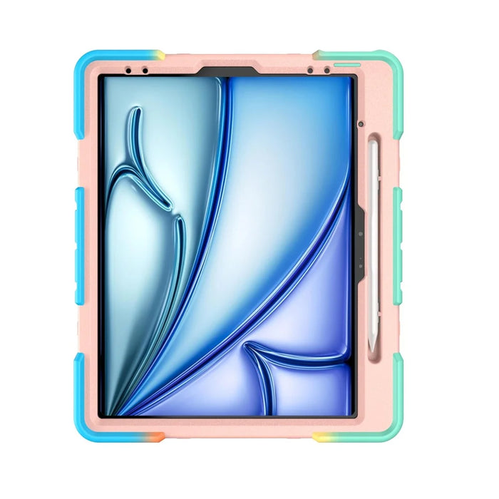 For iPad Air 13 (2026)  /  (2025)  /  (2024) Case with Kickstand Wrist Strap PC + Silicone Tablet Cover - Rainbow+Pink - 2