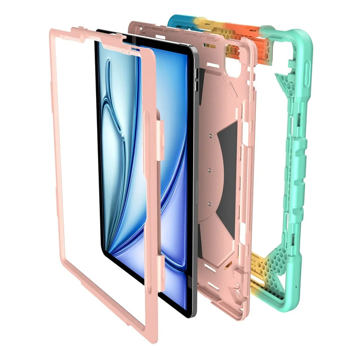 For iPad Air 13 (2026)  /  (2025)  /  (2024) Case with Kickstand Wrist Strap PC + Silicone Tablet Cover - Rainbow+Pink - 7