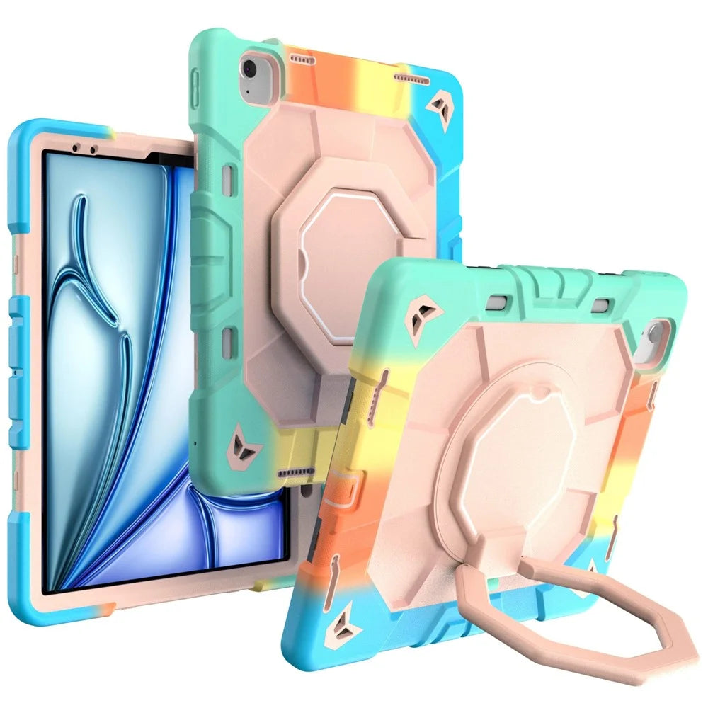 For iPad Air 13 (2026)  /  (2025)  /  (2024) Case with Hand Grip Kickstand PC + Silicone Tablet Cover - Rainbow+Pink - 1