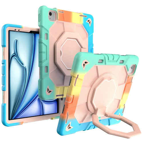 For iPad Air 13 (2026)  /  (2025)  /  (2024) Case with Hand Grip Kickstand PC + Silicone Tablet Cover - Rainbow+Pink - 1