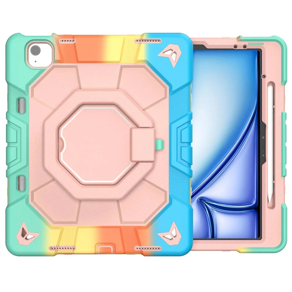 For iPad Air 13 (2026)  /  (2025)  /  (2024) Case with Hand Grip Kickstand PC + Silicone Tablet Cover - Rainbow+Pink - 2