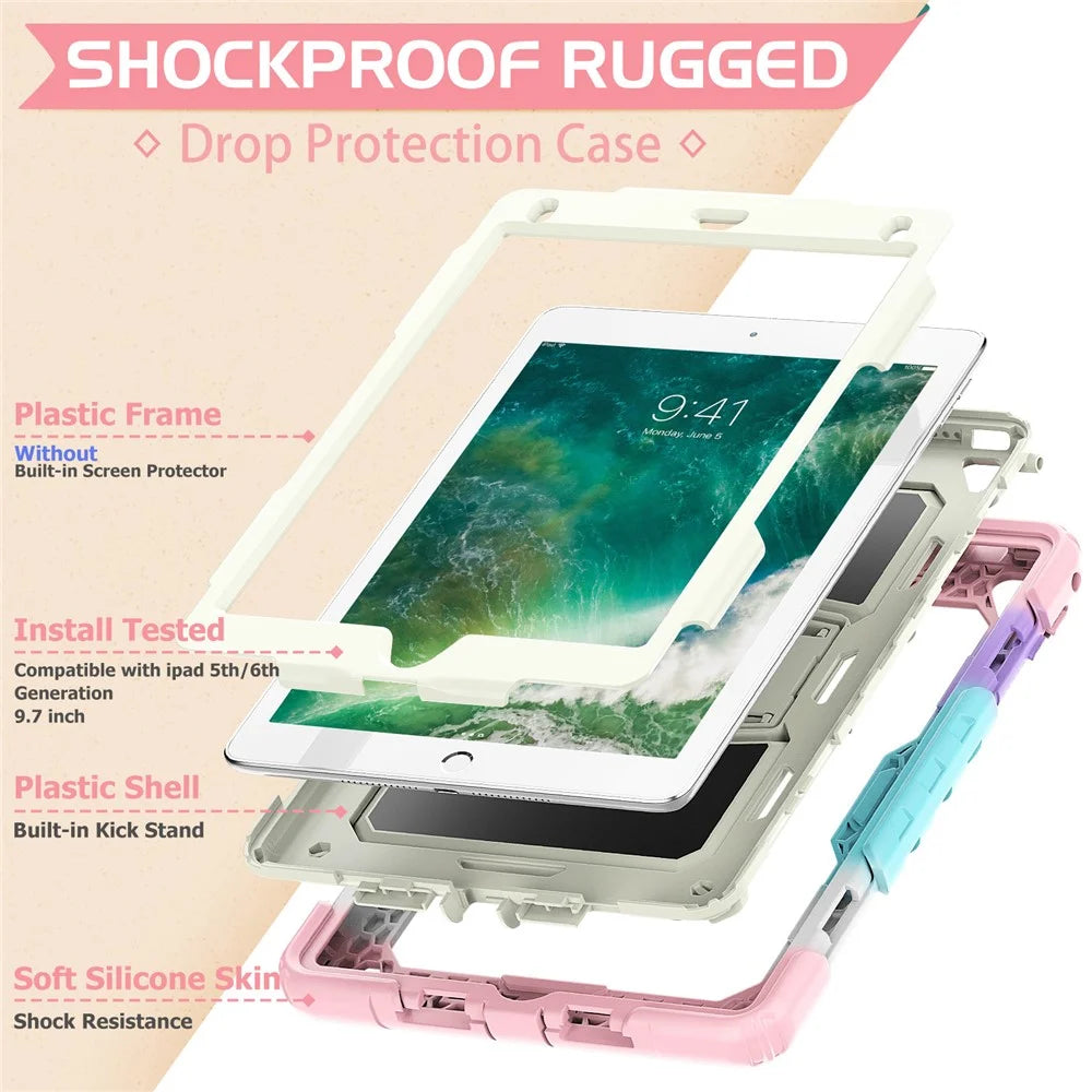 Kickstand Case for iPad 9.7-inch (2018) / (2017) / iPad Pro 9.7 inch (2016) / iPad Air 2 PC + Silicone Shockproof Tablet Cover - Camo Pink - 7