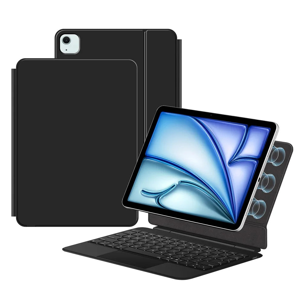 Leather Case for iPad Air 13 (2026) / (2025) / (2024) / iPad Pro 12.9 (2022) / (2021) / (2020) / (2018) Touchpad Magnetic Bluetooth-compatible Keyboard - Black - 1