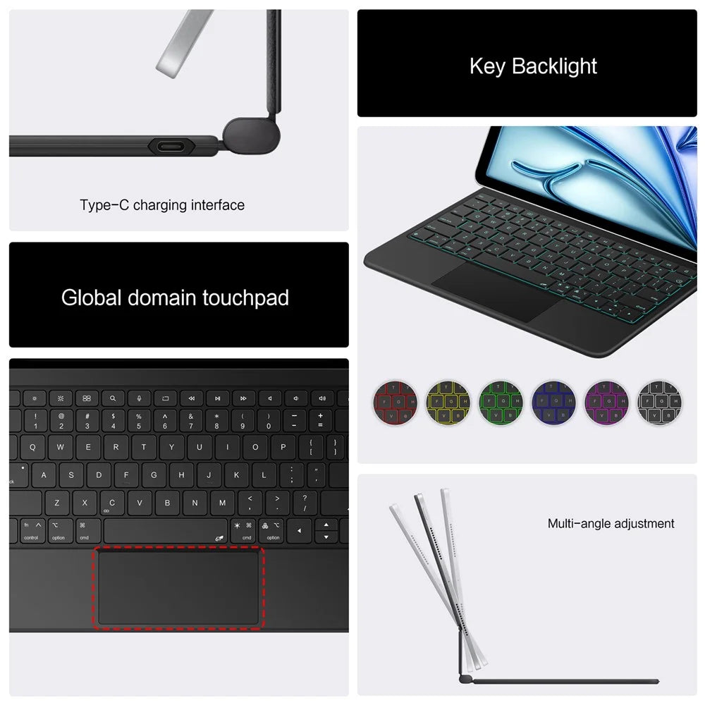 Leather Case for iPad Air 13 (2026) / (2025) / (2024) / iPad Pro 12.9 (2022) / (2021) / (2020) / (2018) Touchpad Magnetic Bluetooth-compatible Keyboard - Black - 7
