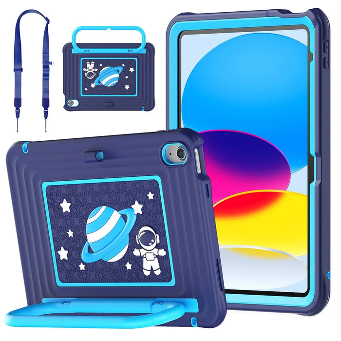 Kids Tablet Case for iPad (2025)  /  10.9 (2022) Silicone PC Cover with Kickstand   /  Shoulder Strap - Navy Blue - 1