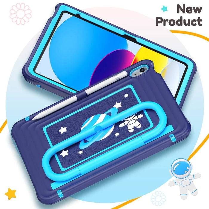 Kids Tablet Case for iPad (2025)  /  10.9 (2022) Silicone PC Cover with Kickstand   /  Shoulder Strap - Navy Blue - 3