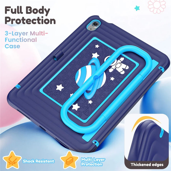 Kids Tablet Case for iPad (2025)  /  10.9 (2022) Silicone PC Cover with Kickstand   /  Shoulder Strap - Navy Blue - 6