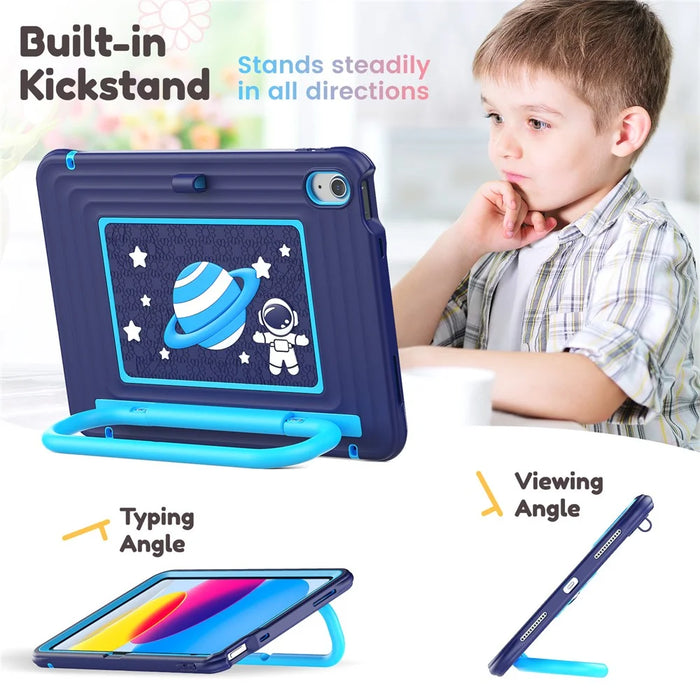 Kids Tablet Case for iPad (2025)  /  10.9 (2022) Silicone PC Cover with Kickstand   /  Shoulder Strap - Navy Blue - 7