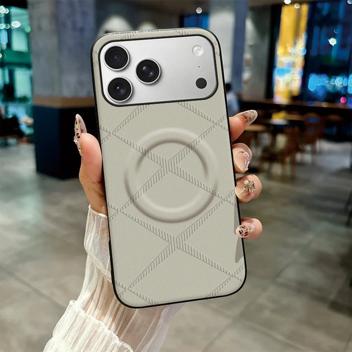For iPhone 17 Pro Magnetic Case X-Patterned TPU PU Leather PC Anti-Drop Phone Cover - Grey - 2