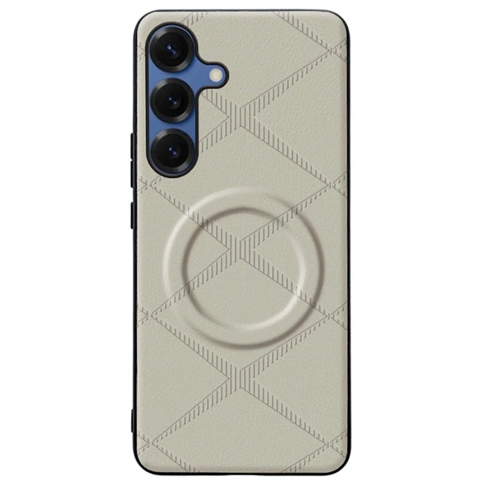 For Samsung Galaxy S25 Magnetic Case X-Patterned TPU PU Leather PC Anti-Drop Phone Cover - Grey - 1