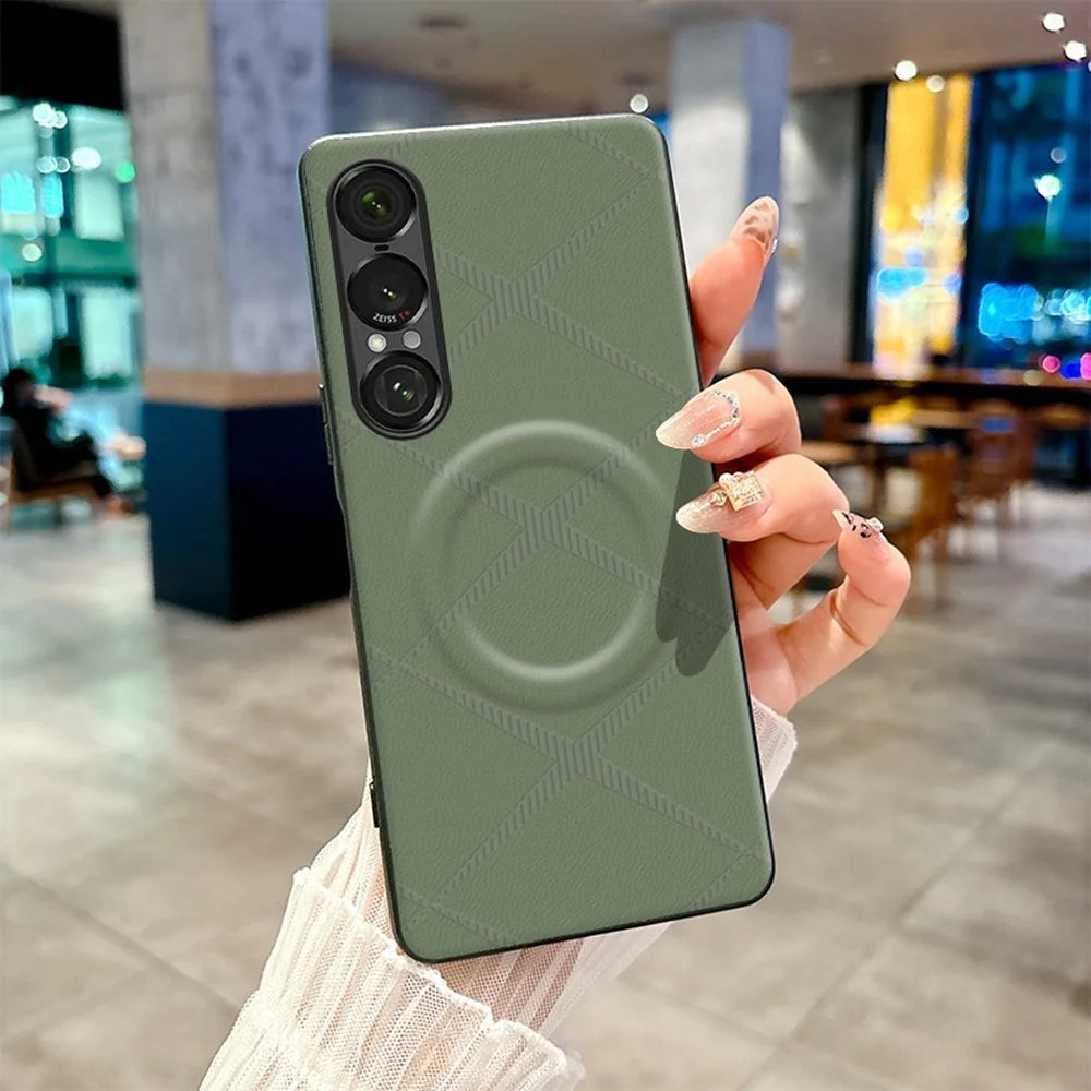 For Sony Xperia 1 VII Magnetic Case X-Patterned TPU PU Leather PC Anti-Drop Phone Cover - Green - 2