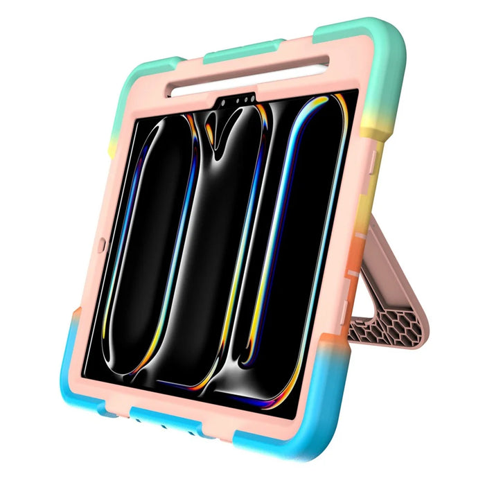 Case For iPad Pro 11 (2025)  /  (2024) Kickstand Silicone + PC Shockproof Protective Tablet Cover - Rainbow+Pink - 3