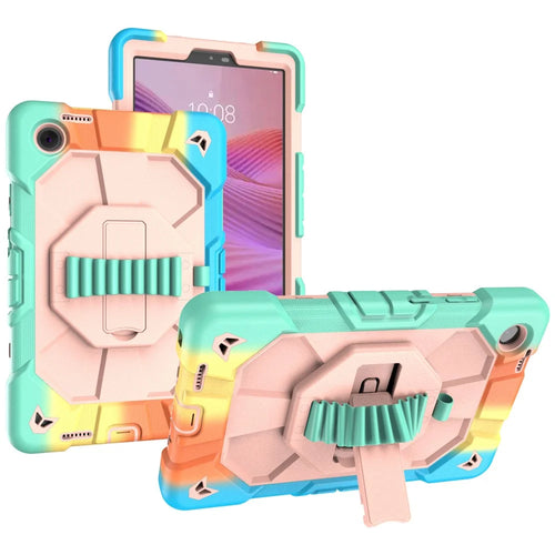 For Lenovo Tab K9 Case with Kickstand Wrist Strap PC + Silicone Tablet Cover - Rainbow+Pink - 1