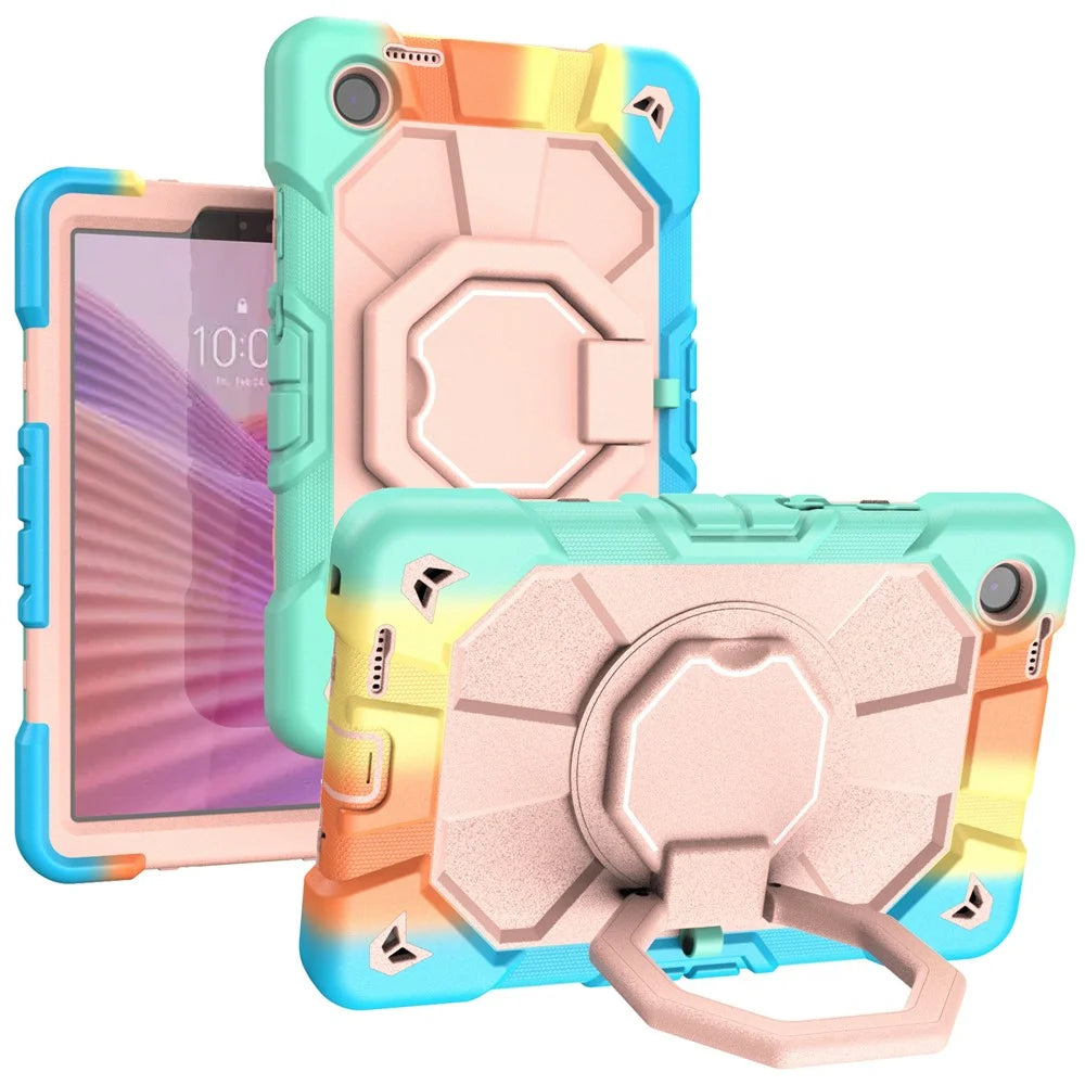 For Lenovo Tab K9 Case with Hand Grip Kickstand PC + Silicone Tablet Cover - Rainbow+Pink - 1
