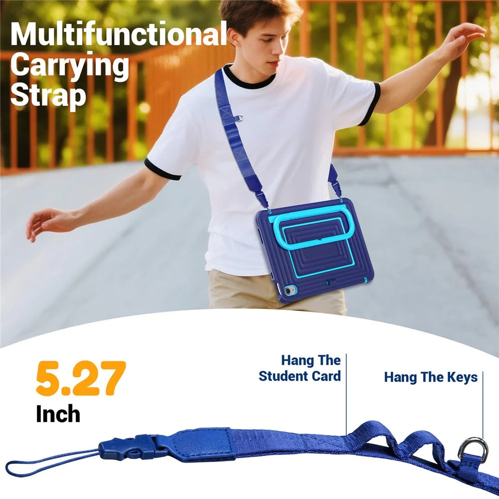 For iPad (2025) / 10.9 (2022) Anti-Drop Tablet Case Rotary Kickstand PC+Silicone Cover with Shoulder Strap - Navy Blue - 3