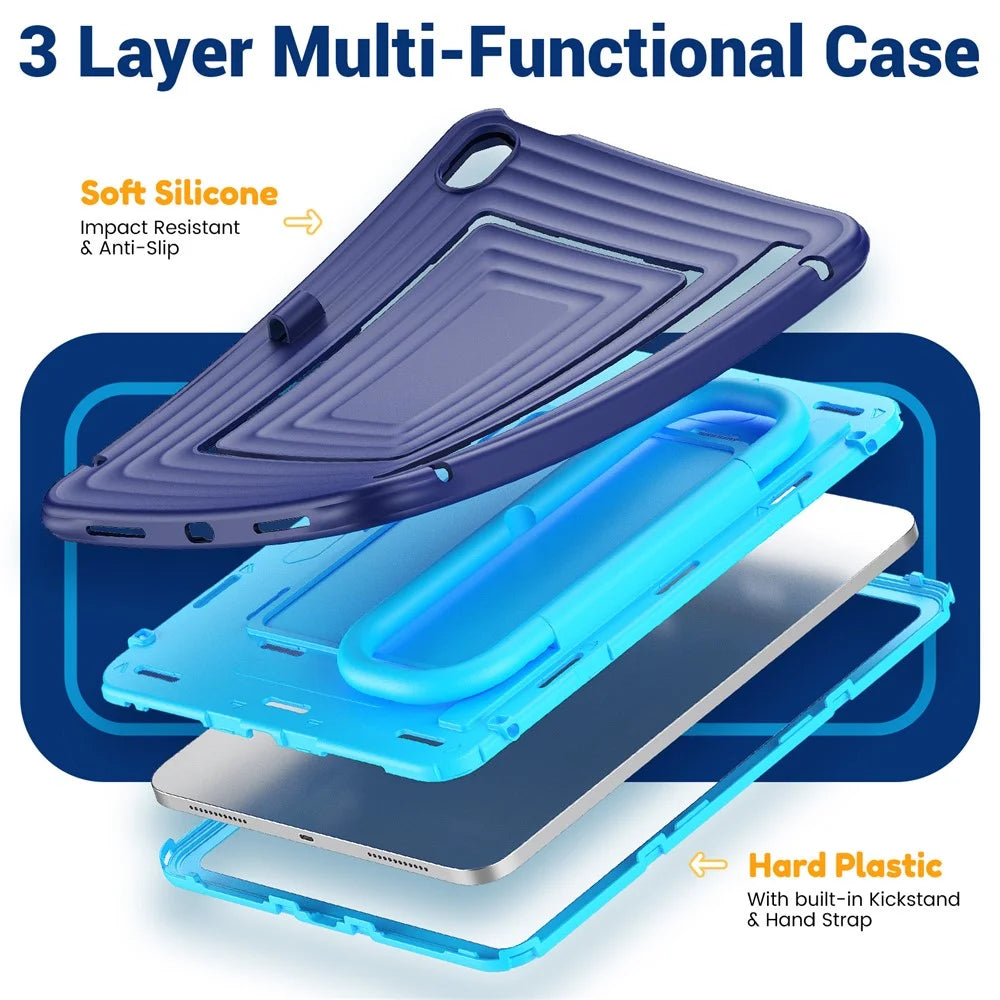 For iPad (2025) / 10.9 (2022) Anti-Drop Tablet Case Rotary Kickstand PC+Silicone Cover with Shoulder Strap - Navy Blue - 7