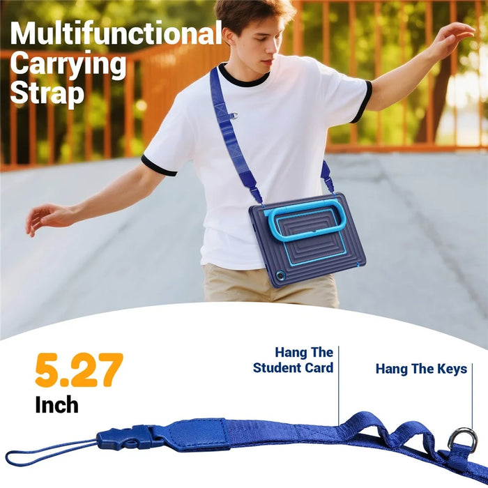 For Samsung Galaxy Tab A11+ Tablet Case Wavy Texture Silicone PC Cover with Kickstand  /  Shoulder Strap - Navy Blue - 3
