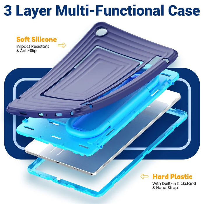 For Samsung Galaxy Tab A11+ Tablet Case Wavy Texture Silicone PC Cover with Kickstand  /  Shoulder Strap - Navy Blue - 7