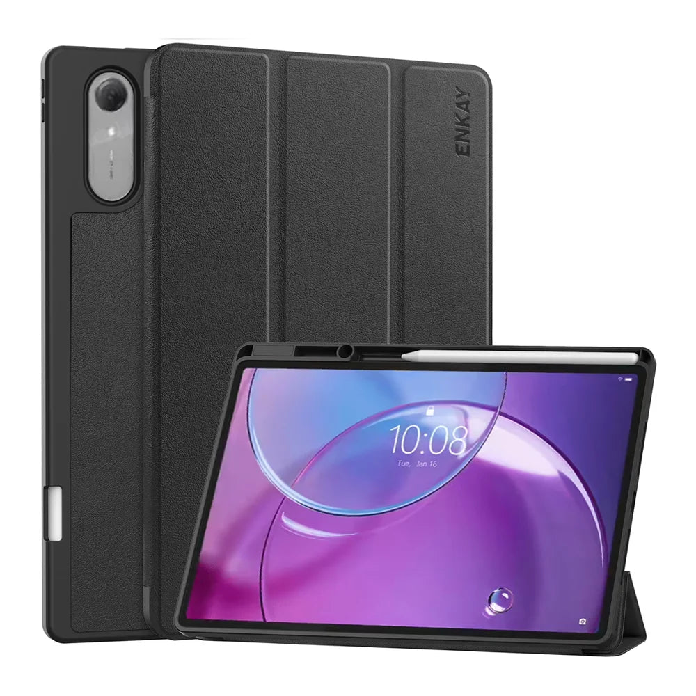 ENKAY HAT PRINCE For Lenovo Idea Tab Pro Gen 2 Tri-Fold Stand Tablet Case PU Leather+TPU Smart Cover with Pencil Holder - Black - 1