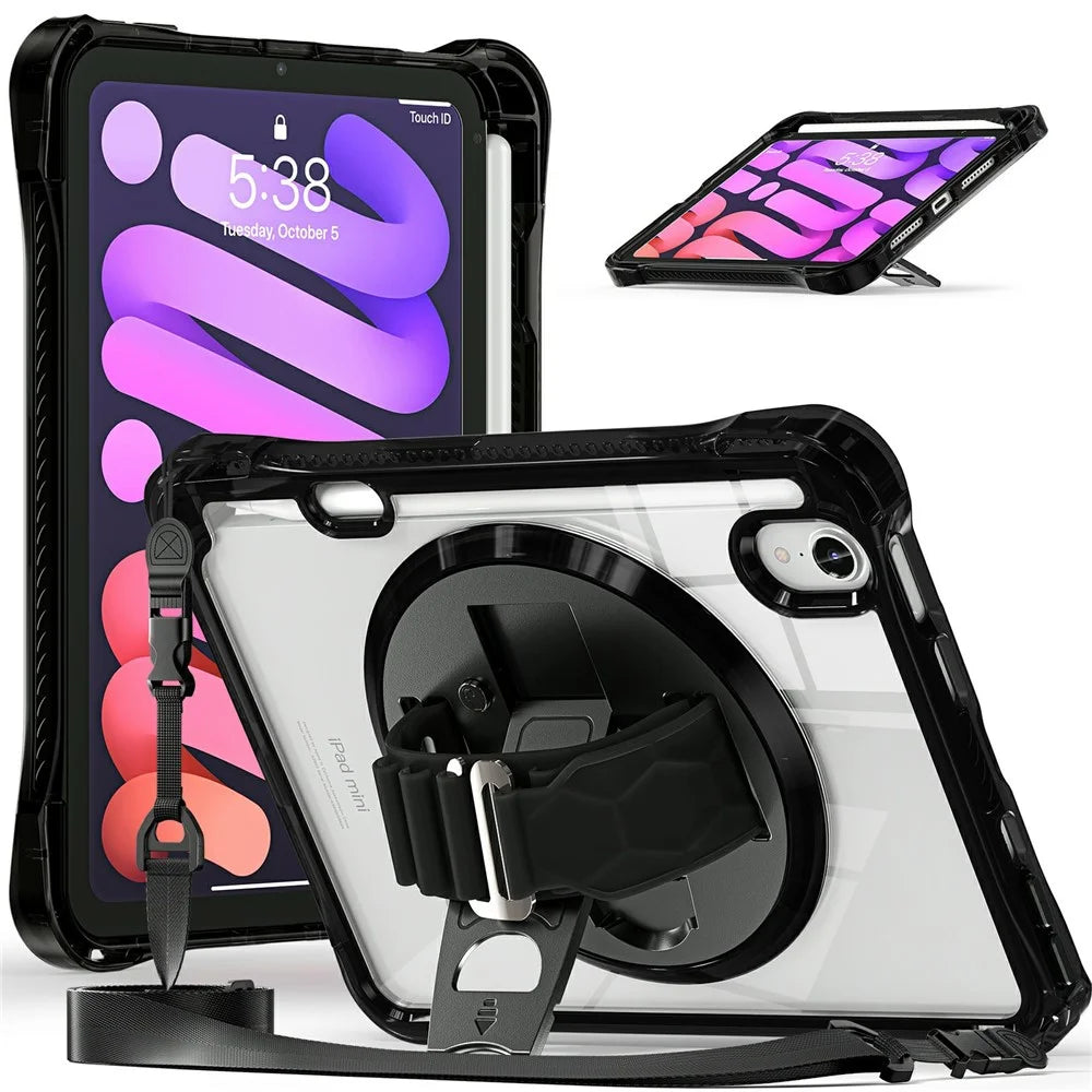 Tablet Case for iPad mini (2024)  /  (2021) Kickstand Clear PC TPU Shockproof Full Body Protective Cover with 360° Rotating Hand Strap  /  Shoulder Strap - Black - 1
