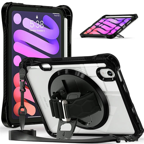 Tablet Case for iPad mini (2024)  /  (2021) Kickstand Clear PC TPU Shockproof Full Body Protective Cover with 360° Rotating Hand Strap  /  Shoulder Strap - Black - 1