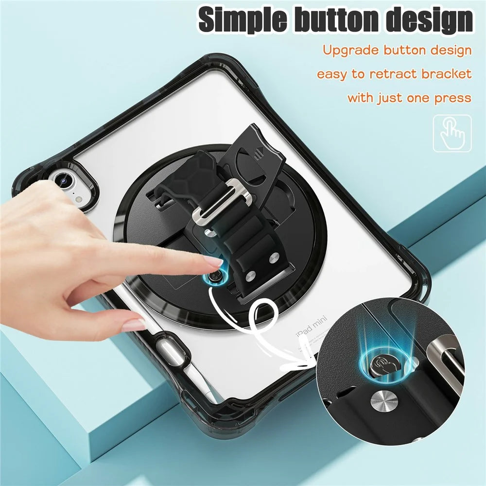 Tablet Case for iPad mini (2024)  /  (2021) Kickstand Clear PC TPU Shockproof Full Body Protective Cover with 360° Rotating Hand Strap  /  Shoulder Strap - Black - 2