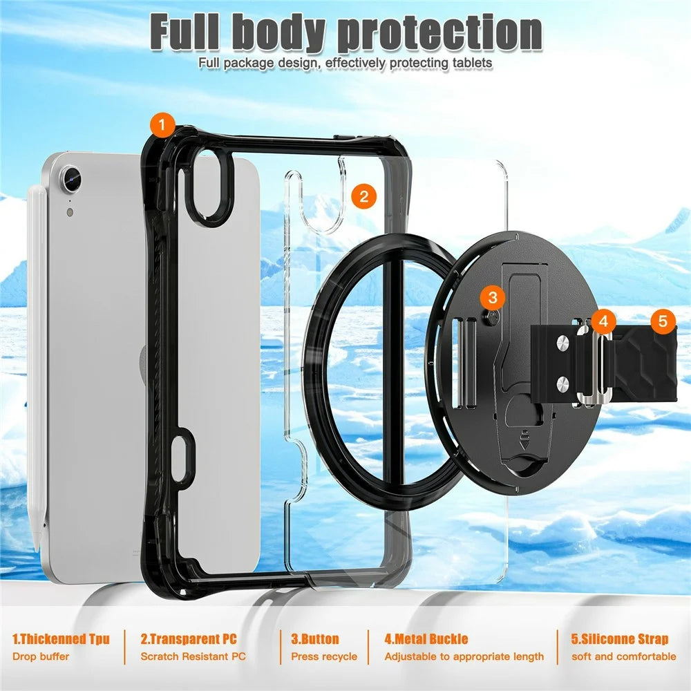Tablet Case for iPad mini (2024)  /  (2021) Kickstand Clear PC TPU Shockproof Full Body Protective Cover with 360° Rotating Hand Strap  /  Shoulder Strap - Black - 4