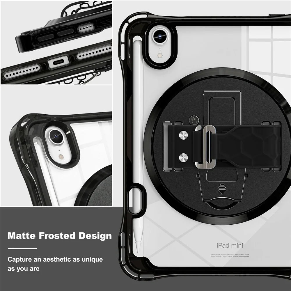 Tablet Case for iPad mini (2024)  /  (2021) Kickstand Clear PC TPU Shockproof Full Body Protective Cover with 360° Rotating Hand Strap  /  Shoulder Strap - Black - 6