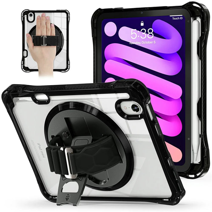 Tablet Case for iPad mini (2024)  /  (2021) Kickstand Clear PC TPU Shockproof Full Body Protective Cover with 360° Rotating Hand Strap  - Black - 1