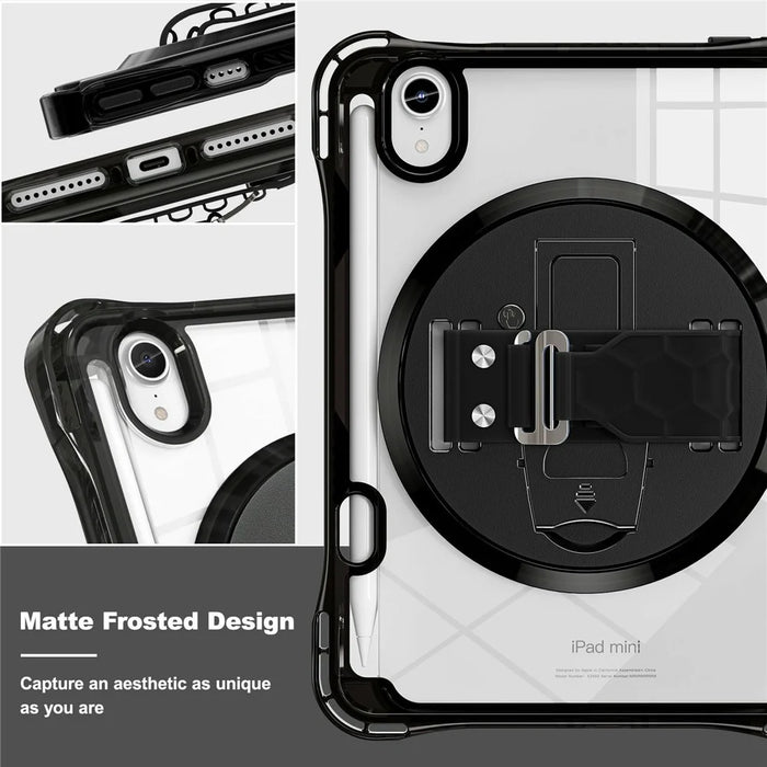 Tablet Case for iPad mini (2024)  /  (2021) Kickstand Clear PC TPU Shockproof Full Body Protective Cover with 360° Rotating Hand Strap  - Black - 5
