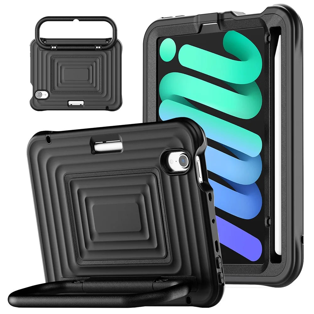 Tablet Case for iPad mini (2024)  /  (2021) Wavy Texture Silicone PC Cover with Kickstand   /   Shoulder Strap - Black - 1