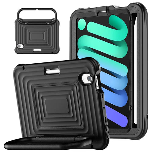 Tablet Case for iPad mini (2024)  /  (2021) Wavy Texture Silicone PC Cover with Kickstand   /   Shoulder Strap - Black - 1