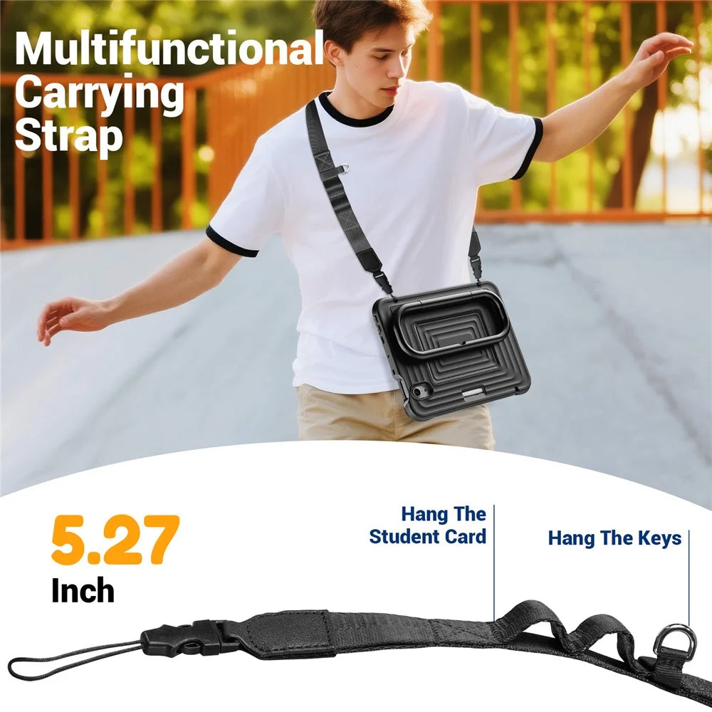 Tablet Case for iPad mini (2024)  /  (2021) Wavy Texture Silicone PC Cover with Kickstand   /   Shoulder Strap - Black - 2
