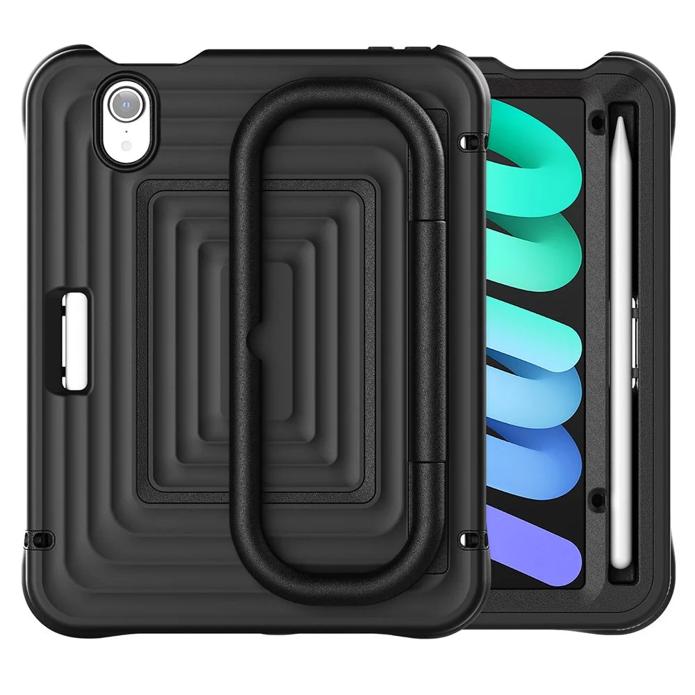 Tablet Case for iPad mini (2024)  /  (2021) Wavy Texture Silicone PC Cover with Kickstand   /   Shoulder Strap - Black - 3